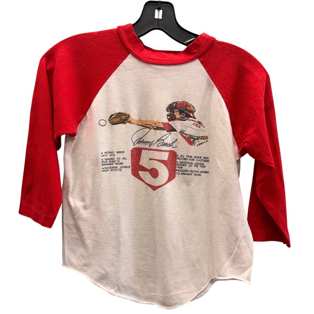 Vintage 70s 80s Velva Sheen Johnny Bench Raglan Baseball Tee Youth M